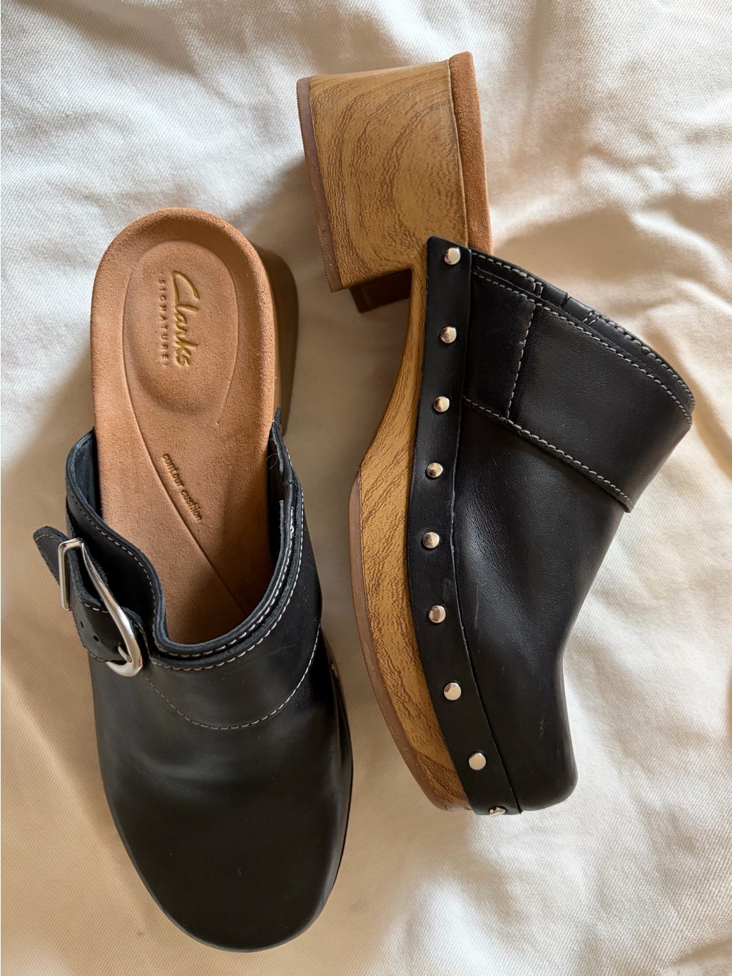 Clarks Black Leather Studded Clog Mules With Wood-Effect Heel Like New